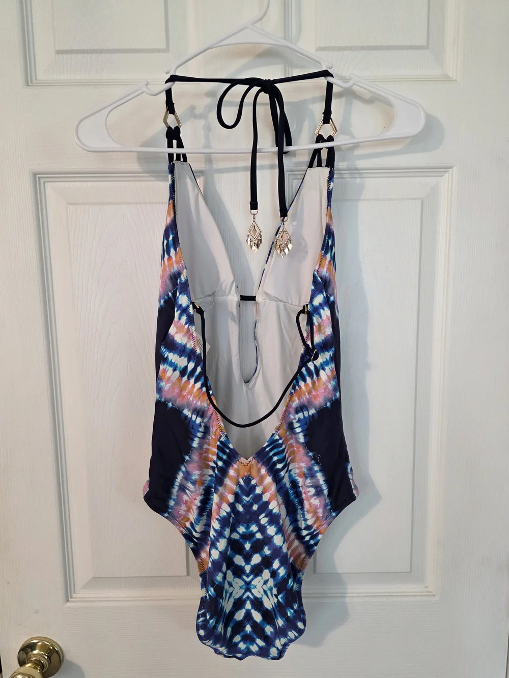 Trina Turk Blue Tie-Dye One-Piece Swimsuit with Plunge Neck Low Bacm